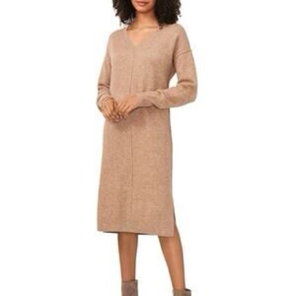VINCE CAMUTO VNeck Side Slit Midi Sweater Dress Preppy Forest Fairy Coastal S - Picture 1 of 10